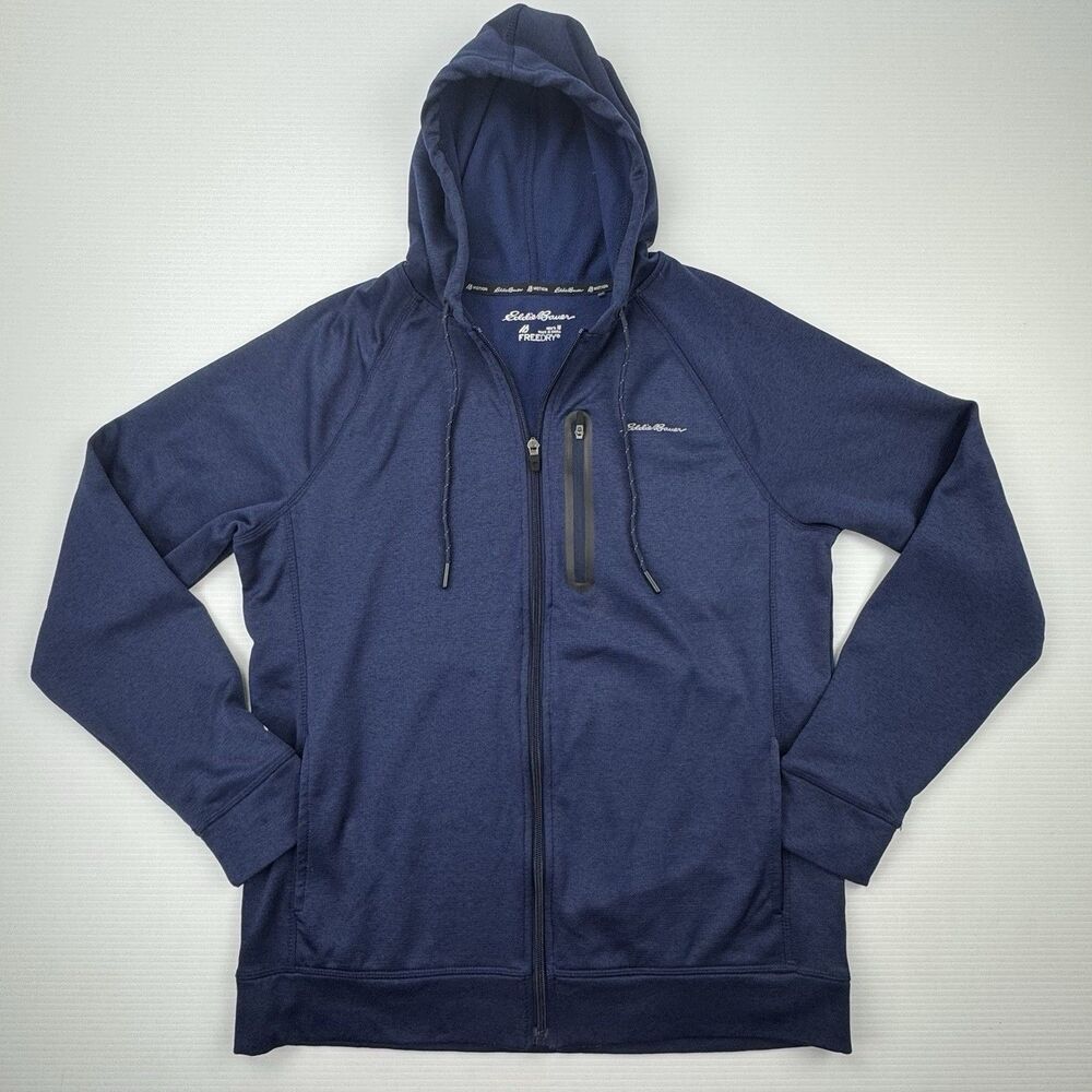 Eddie Bauer Full Zip Hoodie Mens M Navy FreeDry Motion Fleece Jacket - Picture 2 of 9